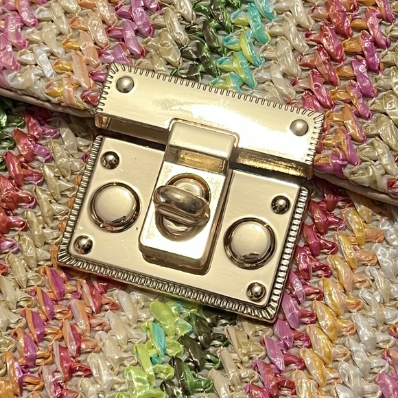 Straw Handbag Purse Colorful Boho Beach Gold Chain Strap Pink Rainbow‎ Fun - Picture 3 of 7